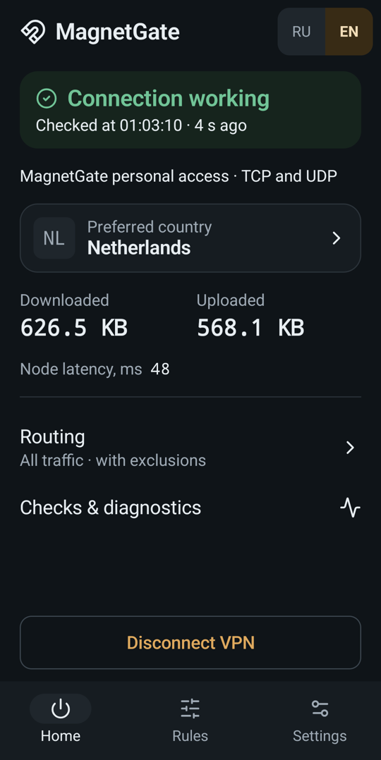 The MagnetGate Android connection screen with the Home, Rules and Settings tabs in the bottom bar