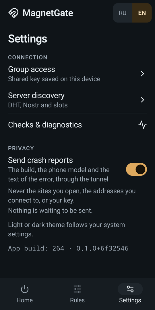 MagnetGate Android Settings with Group access as the first item under Connection