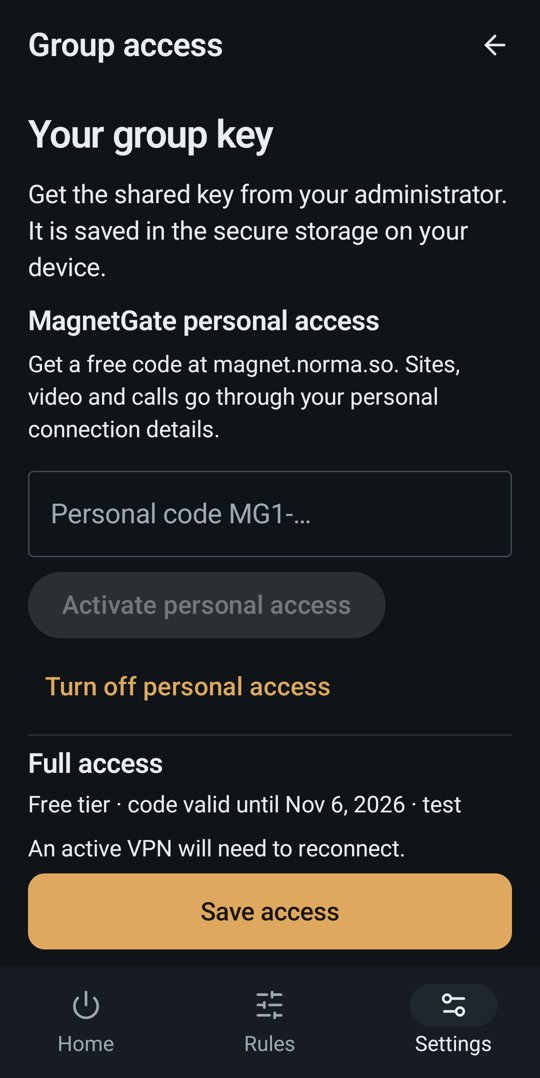 The personal-access panel with the code field and the Activate personal access button