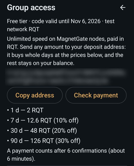 The Full access block in the MagnetGate Android app: tier, deposit address, Copy address and Check payment buttons, and prices for 1, 7, 30 and 90 days