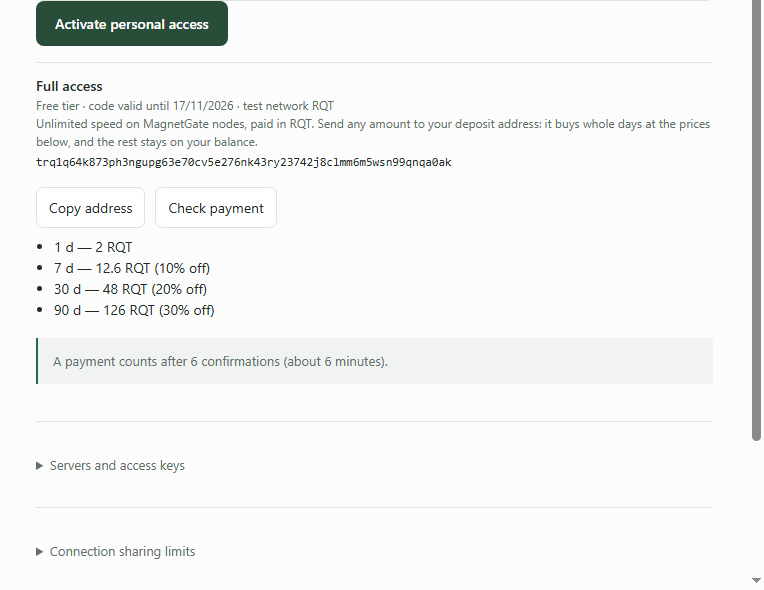 The Full access block in the MagnetGate desktop app with the tier, deposit address, buttons and prices